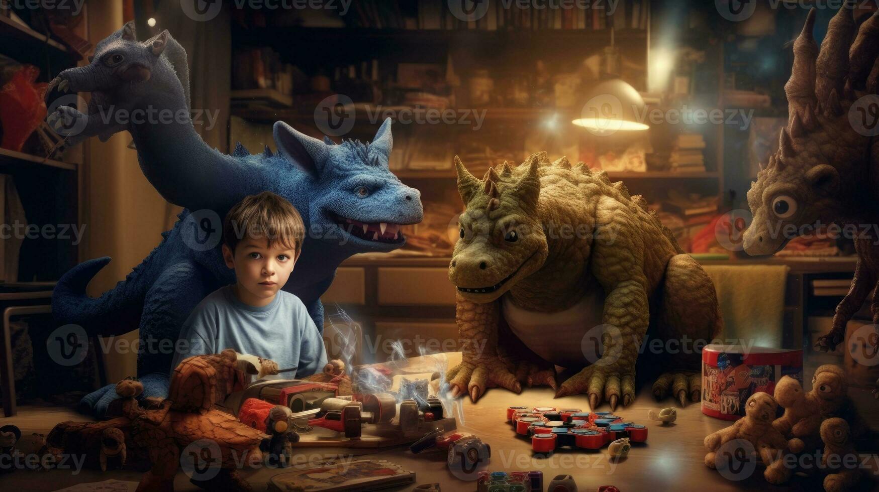 ein Kind im das dunkel ist Angst von Monster. Kinder- Ängste und furchtbar Träume. wenig Junge ist Angst von Dinosaurier. generativ ai foto