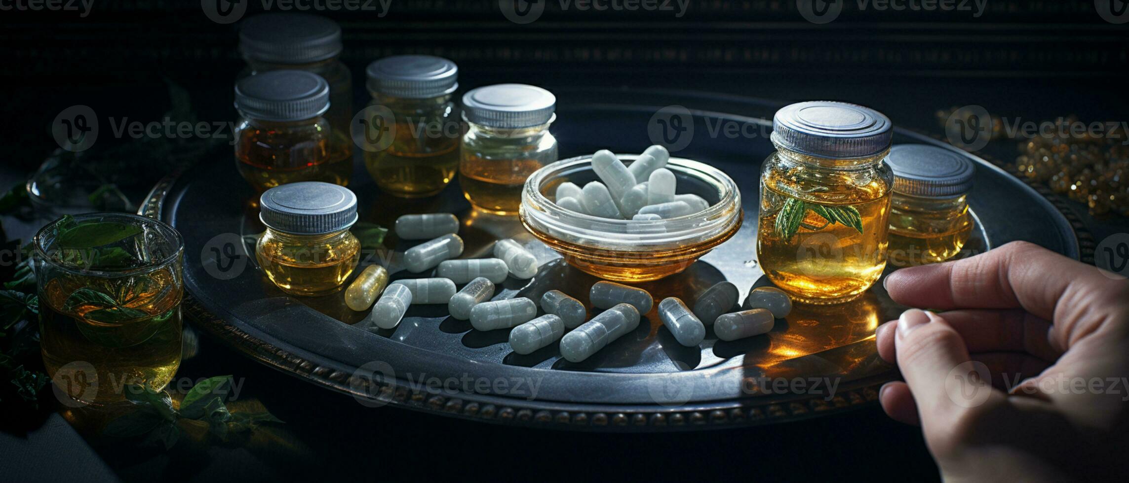das pharmazeutische Arzneimittel-Medizin Tabletten Kapseln im Silber Tablett. benutzt zum Erleichterung Krankheit, Essen Ergänzung, oben Sicht, ai generativ foto