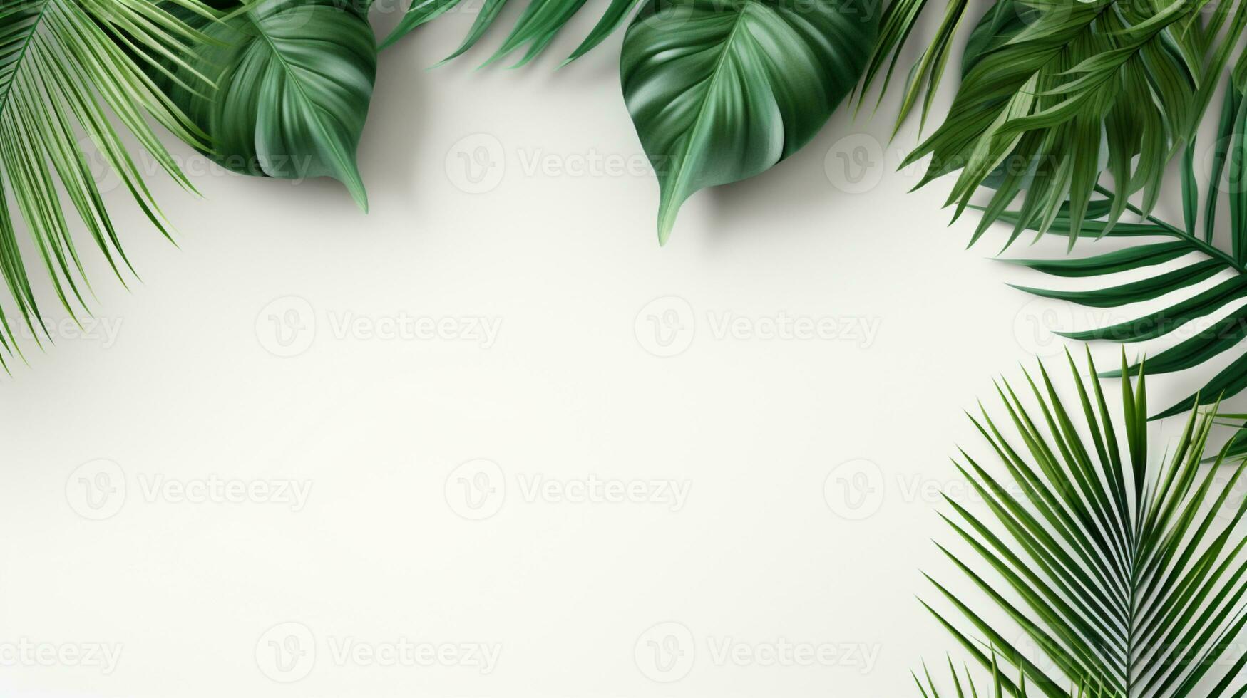 tropisch Rahmen mit Grün Palme Blätter Design auf Hintergrund, Kopieren Raum, Sommer- Hintergrund, ai generativ foto