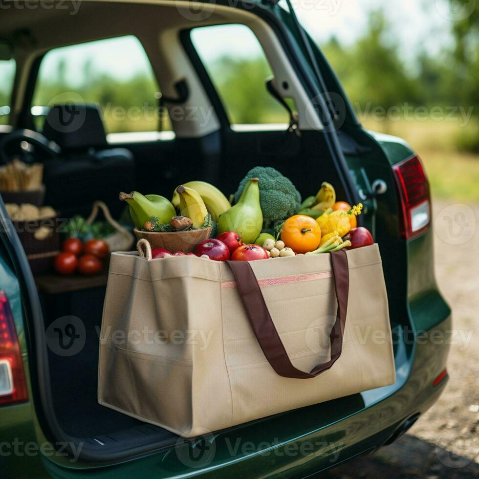 Einkaufen Tasche mit Lebensmittel und Auto Parkplatz im das zurück, ai generativ foto