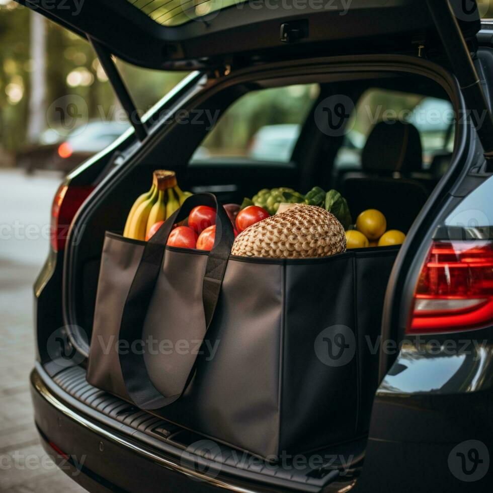 Einkaufen Tasche mit Lebensmittel und Auto Parkplatz im das zurück, ai generativ foto