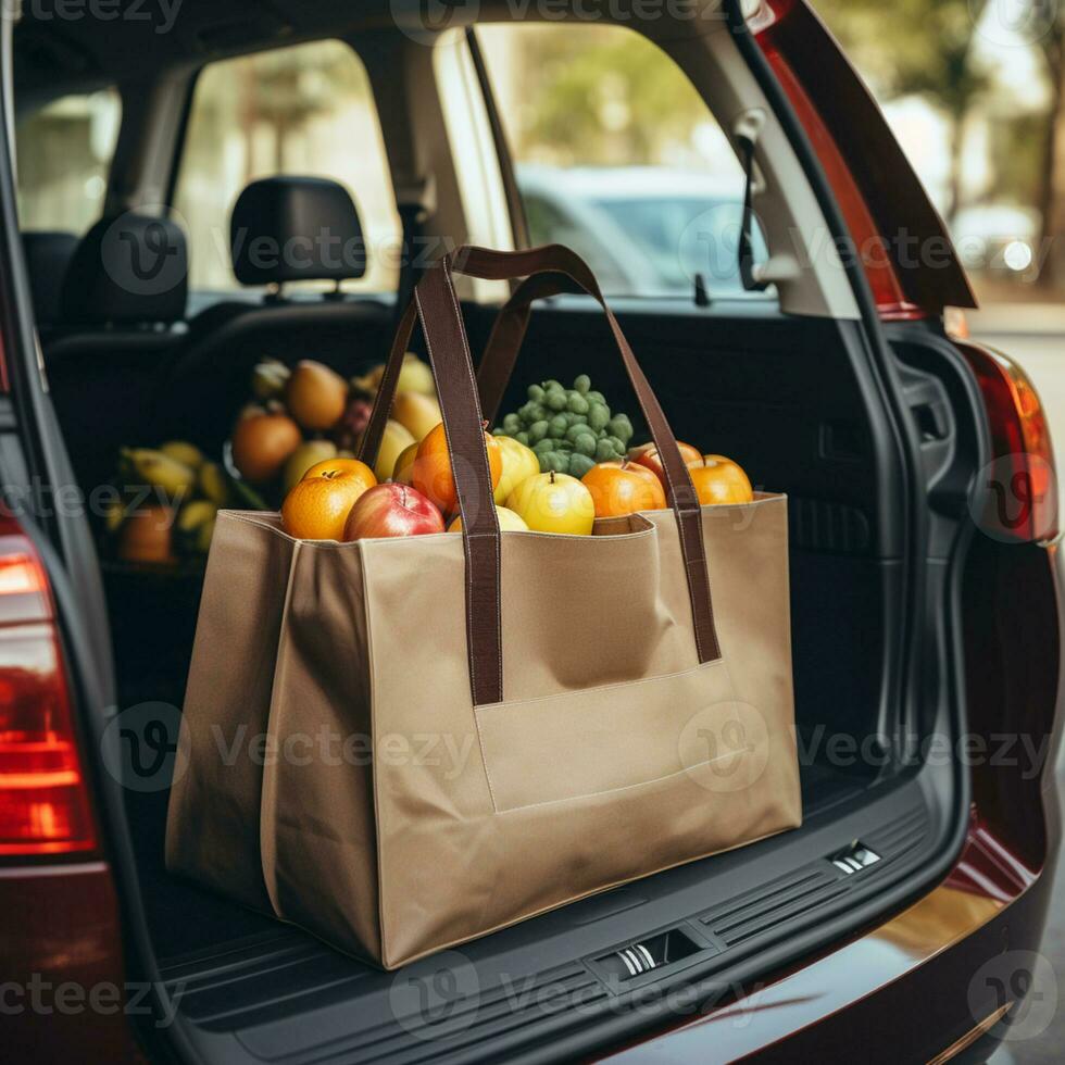 Einkaufen Tasche mit Lebensmittel und Auto Parkplatz im das zurück, ai generativ foto