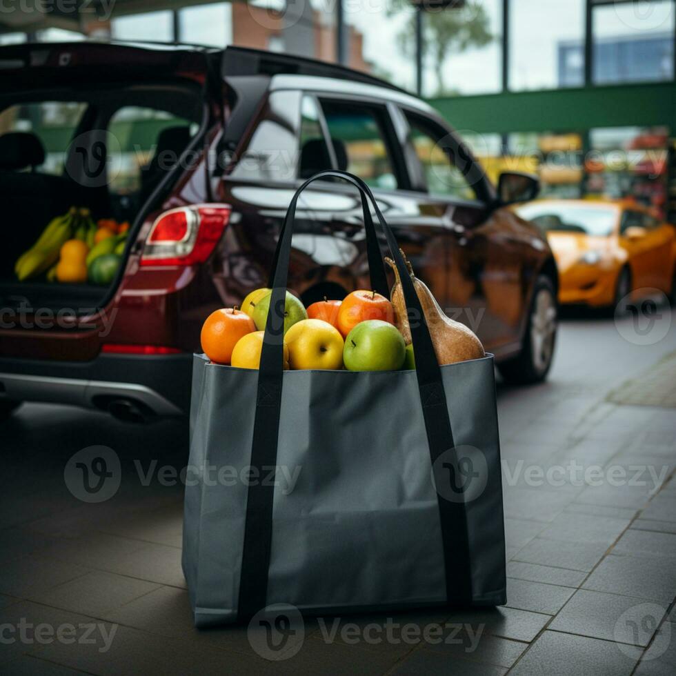 Einkaufen Tasche mit Lebensmittel und Auto Parkplatz im das zurück, ai generativ foto