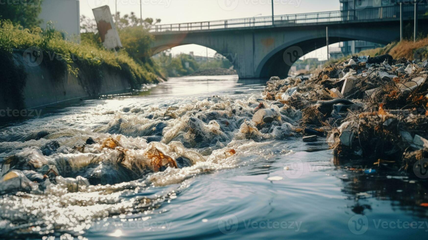 kontaminiert Wasser Konzept, schmutzig Wasser fließt von das Rohr in das Fluss, Wasser Verschmutzung, Umgebung Kontamination, ai generativ foto