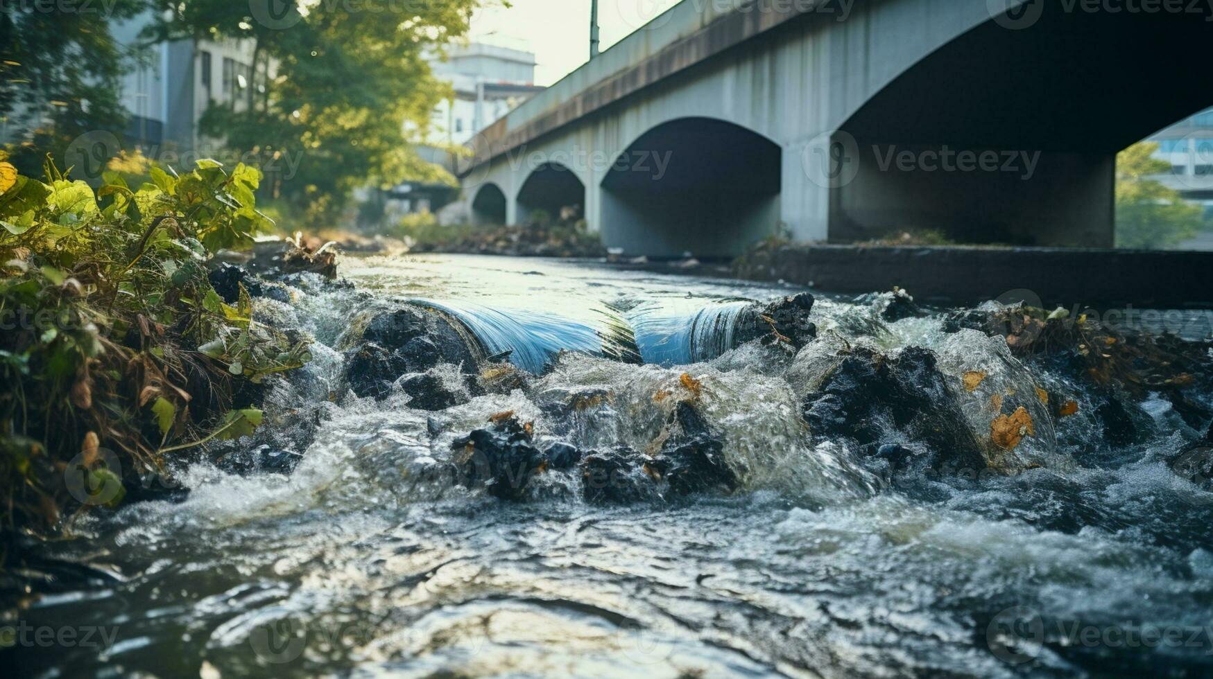 kontaminiert Wasser Konzept, schmutzig Wasser fließt von das Rohr in das Fluss, Wasser Verschmutzung, Umgebung Kontamination, ai generativ foto