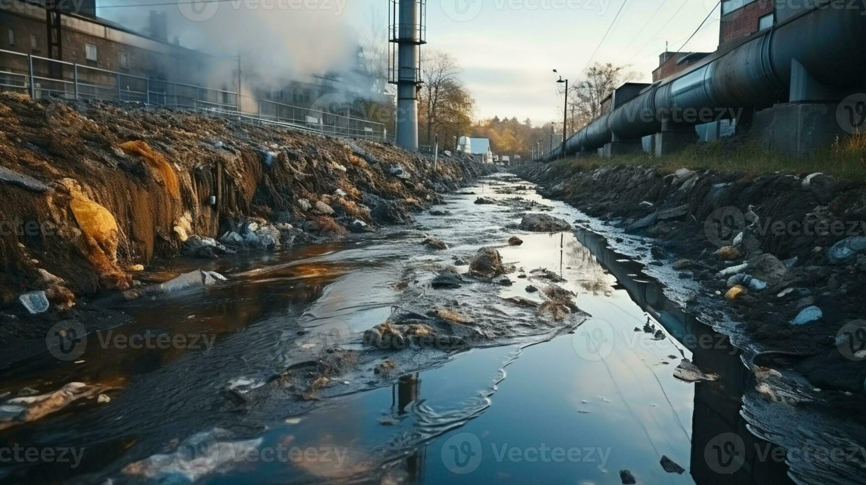 kontaminiert Wasser Konzept, schmutzig Wasser fließt von das Rohr in das Fluss, Wasser Verschmutzung, Umgebung Kontamination, ai generativ foto