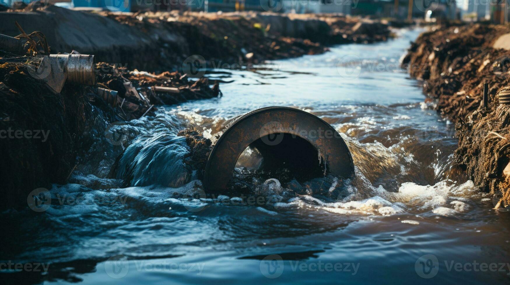 kontaminiert Wasser Konzept, schmutzig Wasser fließt von das Rohr in das Fluss, Wasser Verschmutzung, Umgebung Kontamination, ai generativ foto