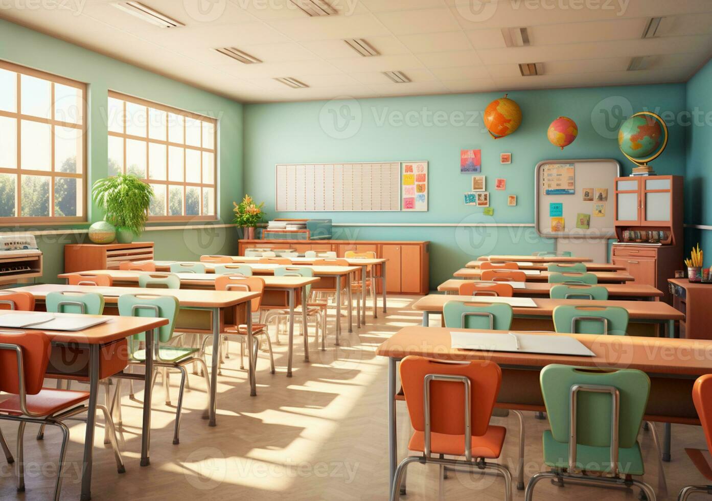 leeren Klassenzimmer Schule ohne Schüler oder Lehrer, leeren Stuhl und Tisch, leeren Studie Zimmer, ai generativ foto