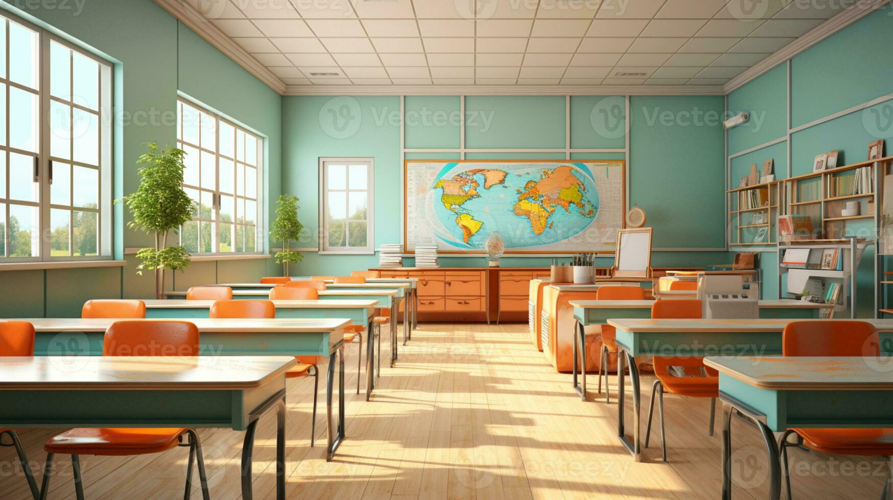 leeren Klassenzimmer Schule ohne Schüler oder Lehrer, leeren Stuhl und Tisch, leeren Studie Zimmer, ai generativ foto