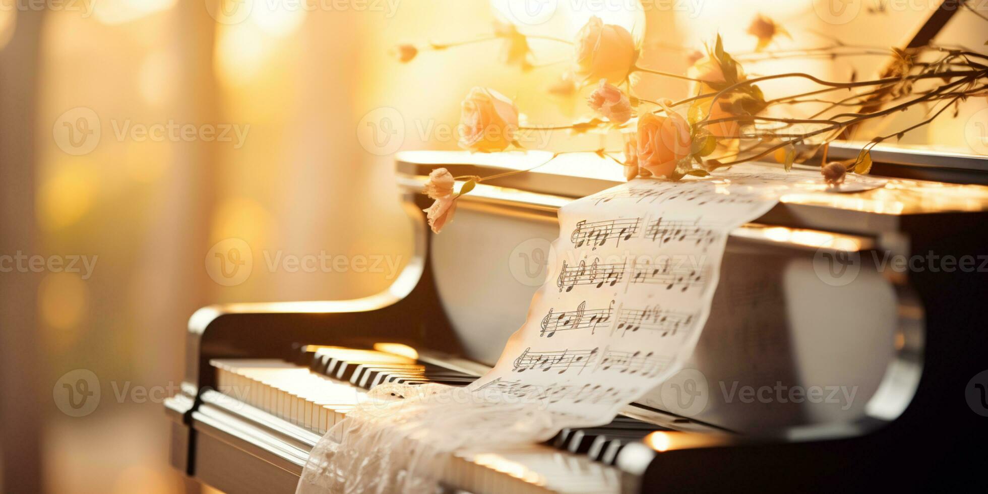 schließen oben von ein elegant großartig Klavier mit warm Sonnenlicht, Luxus, romantisch Landschaft, Musik- Instrument, ai generativ foto