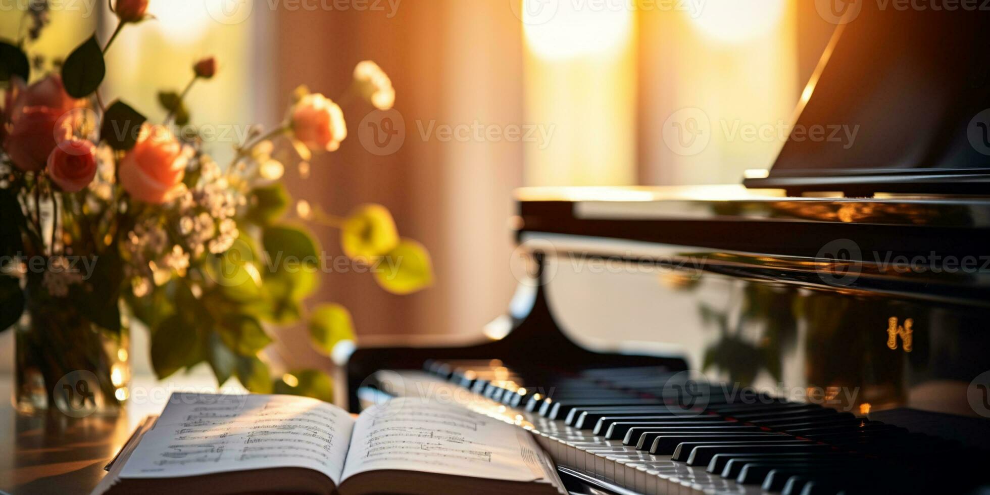 schließen oben von ein elegant großartig Klavier mit warm Sonnenlicht, Luxus, romantisch Landschaft, Musik- Instrument, ai generativ foto