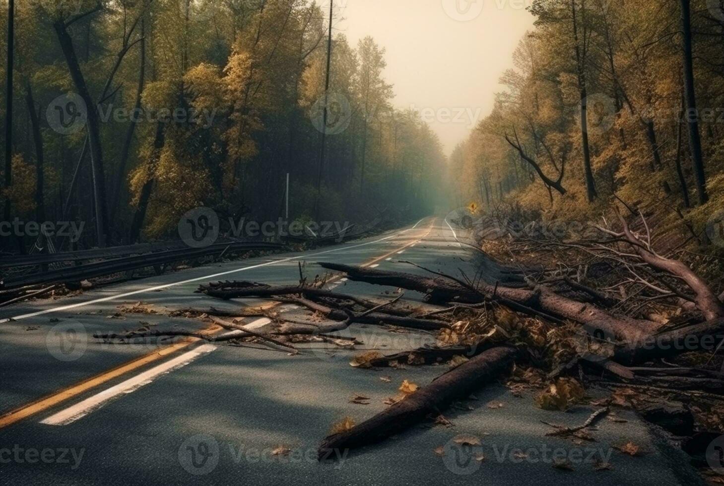 Aussicht von ein Asphalt Straße im das Mitte von ein Wald mit Bäume zusammenbrechen fällig zu ein natürlich Katastrophe. generativ ai foto