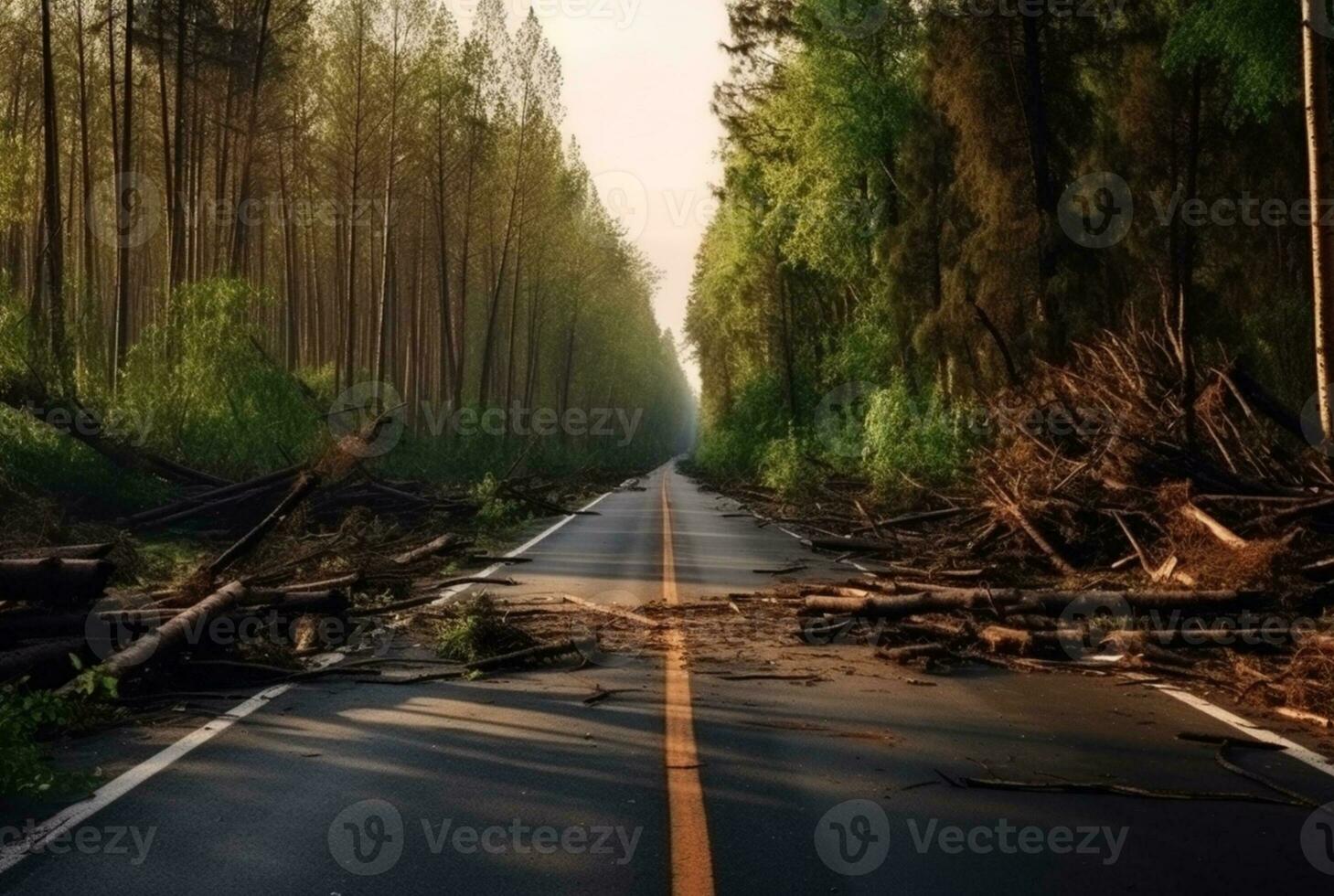 Aussicht von ein Asphalt Straße im das Mitte von ein Wald mit Bäume zusammenbrechen fällig zu ein natürlich Katastrophe. generativ ai foto