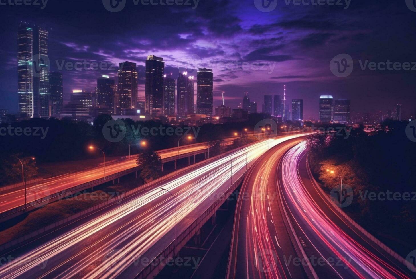 ein lange Exposition Schuss von das Stadt Horizont oder andere Stadtbild beim Nacht, Erfassen Licht Wanderwege von ziehen um Fahrzeuge oder andere Licht Quellen. generativ ai foto