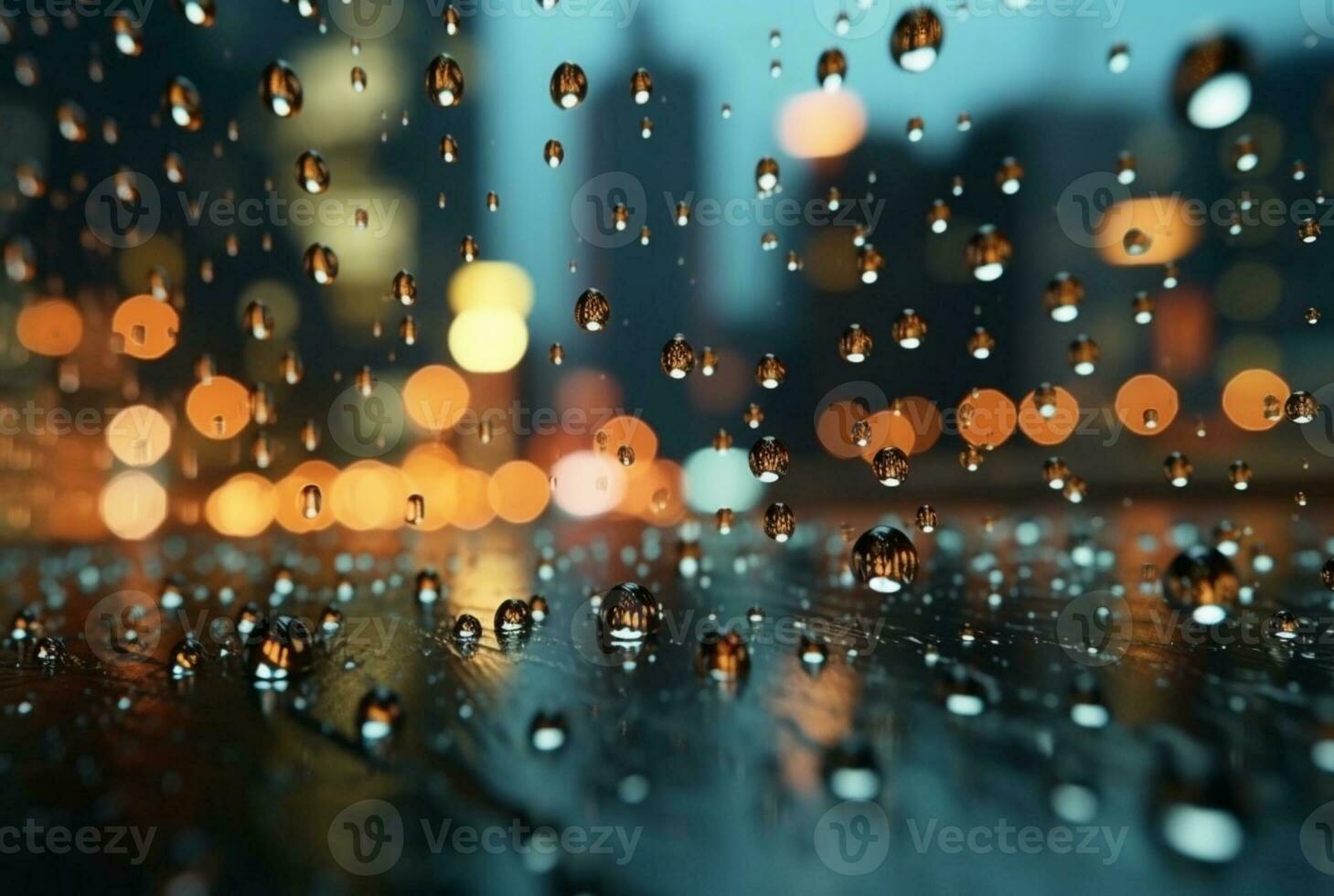 Glas Hintergrund mit Regentropfen und Straße Beleuchtung beim Nacht. generativ ai foto