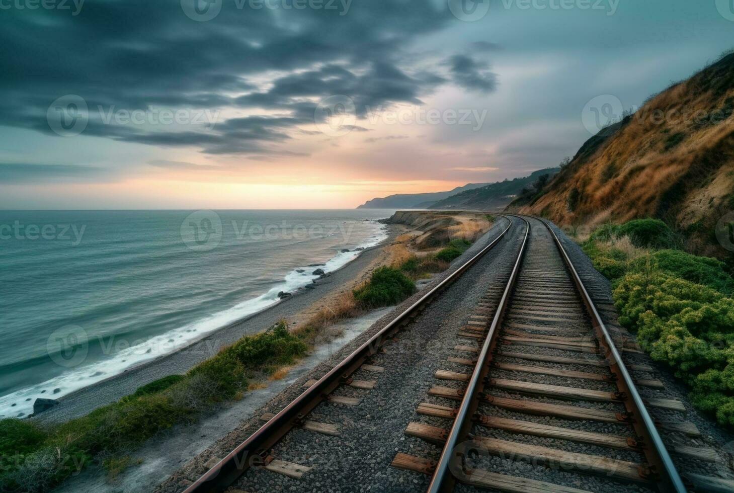 Aussicht von Eisenbahn Spuren mit Strand. generativ ai foto