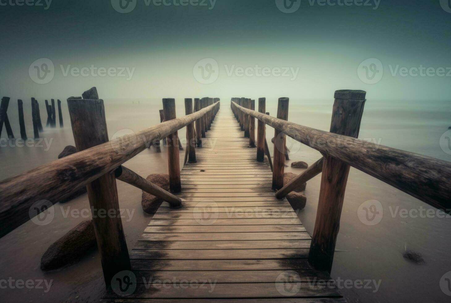 hölzern Brücke mit das Schönheit von das Strand, lange Belichtung. generativ ai foto