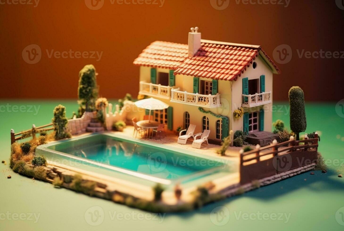 Miniatur Luxus Haus mit Schwimmen Schwimmbad. generativ ai foto