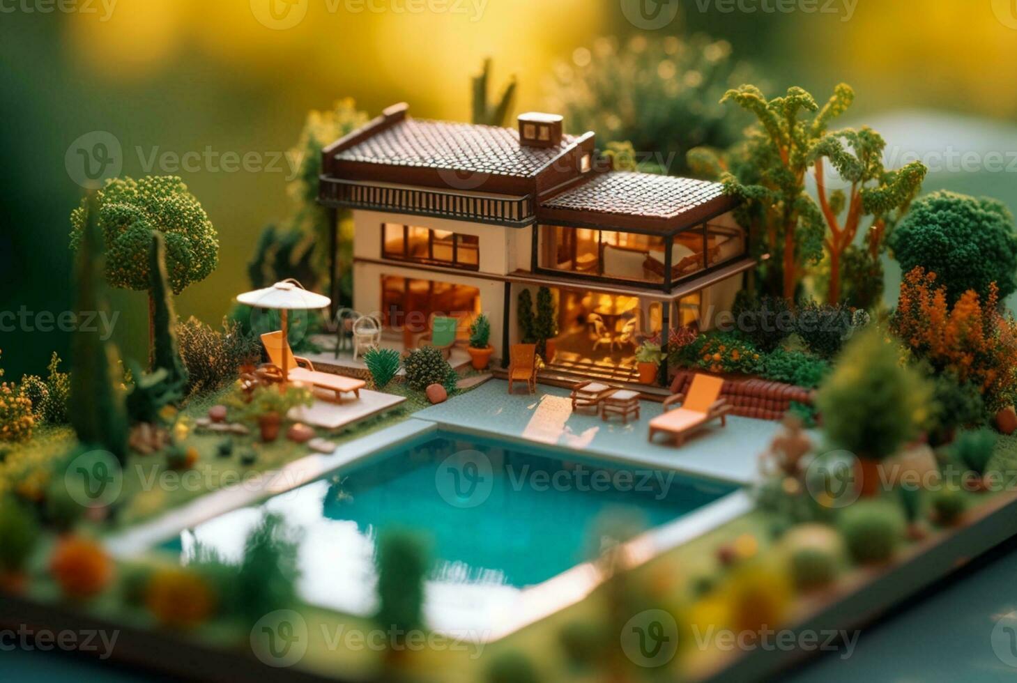 Miniatur Luxus Haus mit Schwimmen Schwimmbad. generativ ai foto