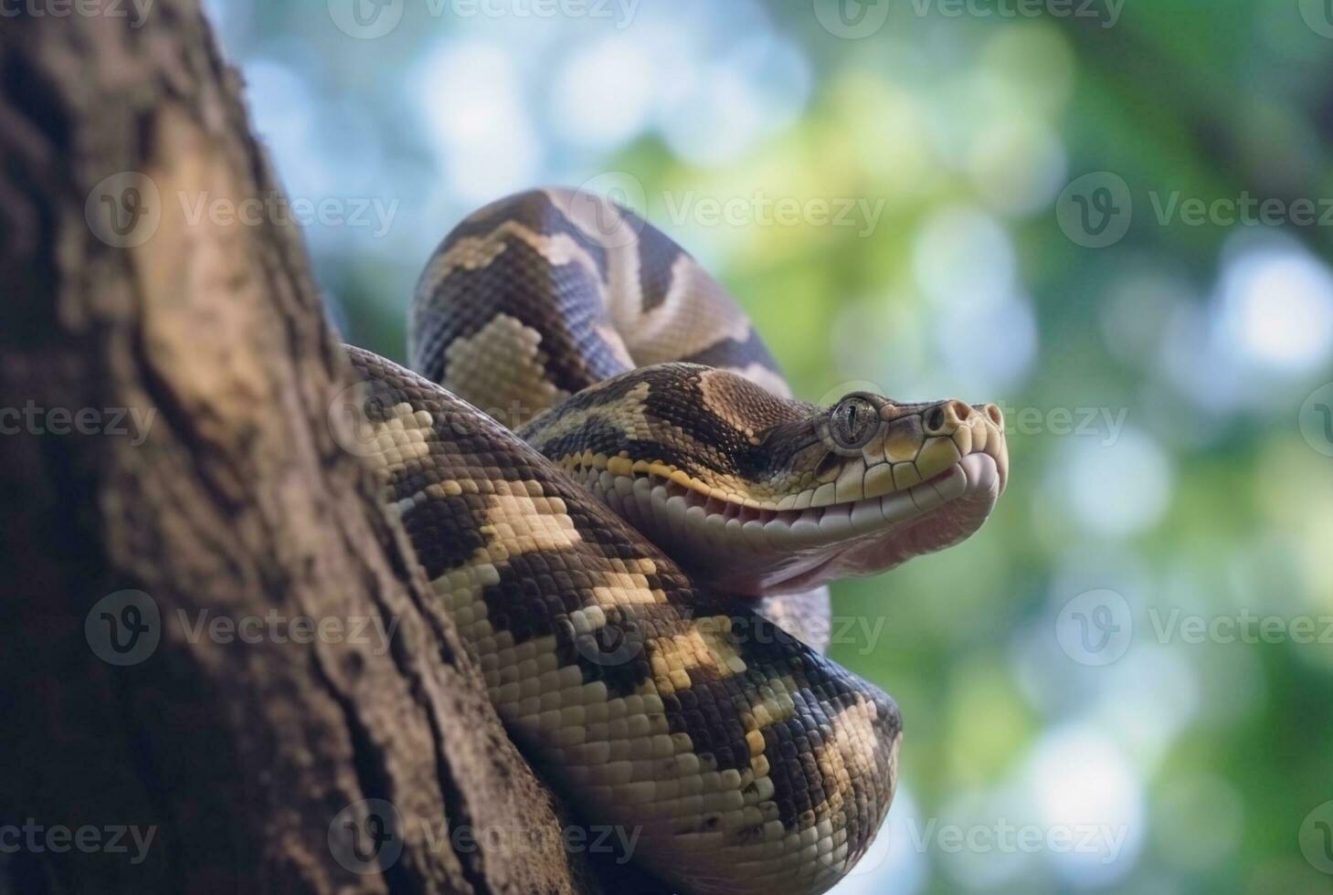 Nahansicht von Python auf Baum mit verschwommen Hintergrund. generativ ai foto