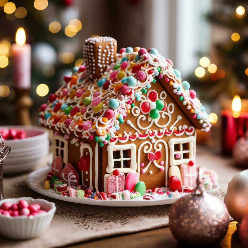festlich Lebkuchen Haus mit Süßigkeiten Stöcke und Glasur Dekorationen foto