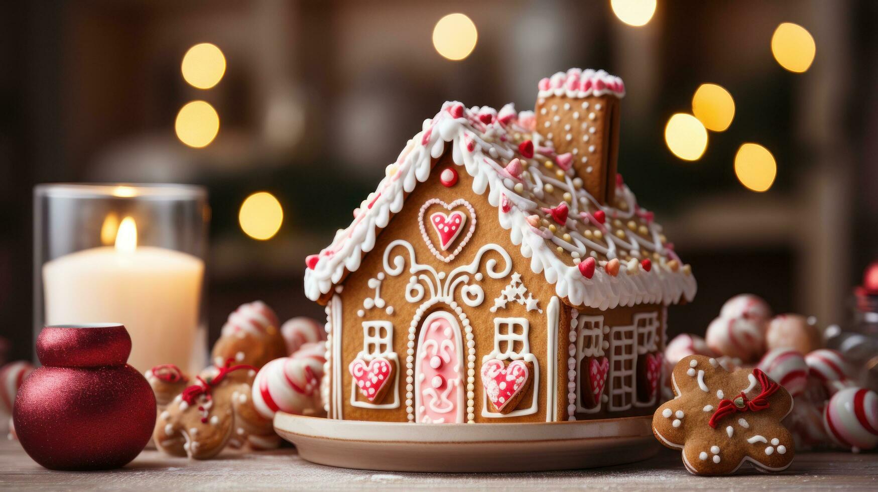 festlich Lebkuchen Haus mit Süßigkeiten Stöcke und Glasur Dekorationen foto