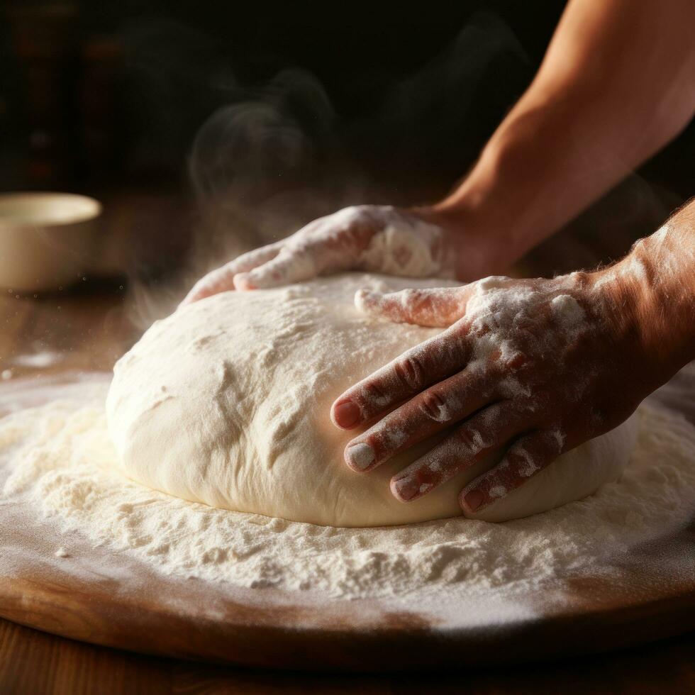 mit Mehl bedeckt Hände Bildung Teig in perfekt runden Formen foto