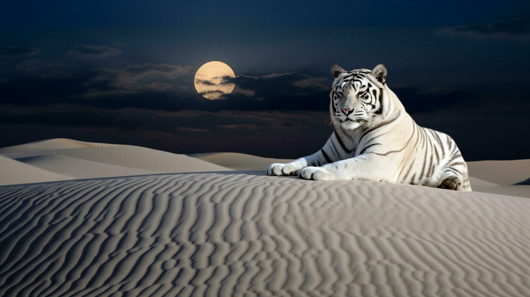 Mondschein Fata Morgana ätherisch Tiger im sandig Dünen, ai generativ foto