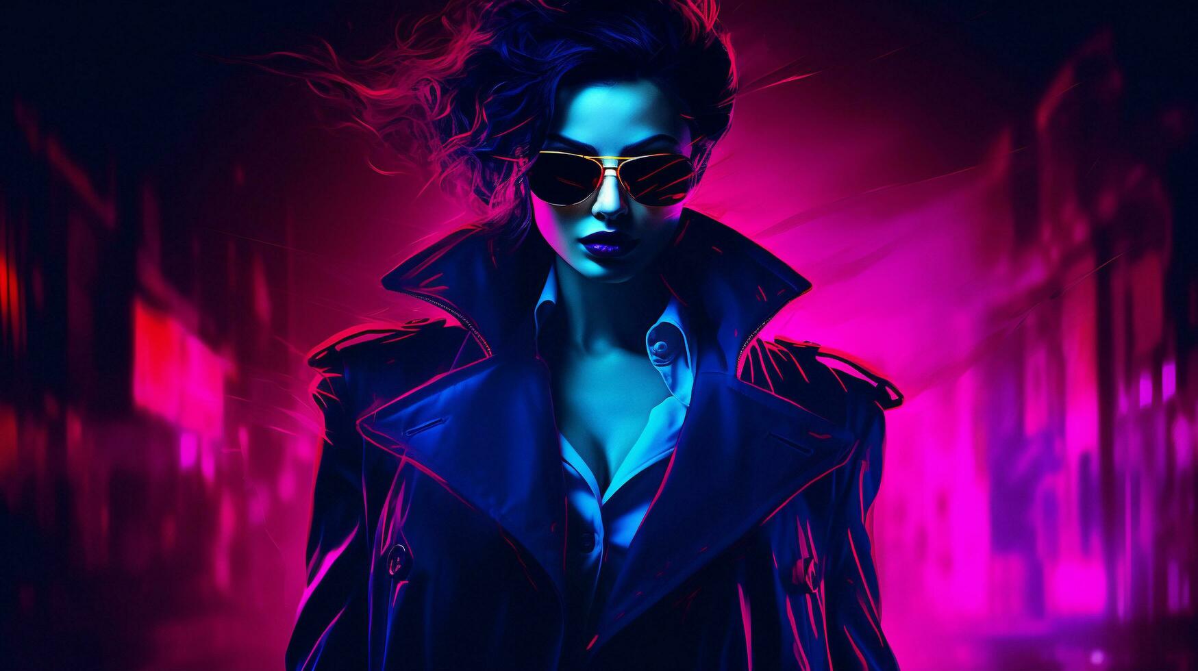 rätselhaft Eleganz Neon- noir femme fatal, ai generativ foto