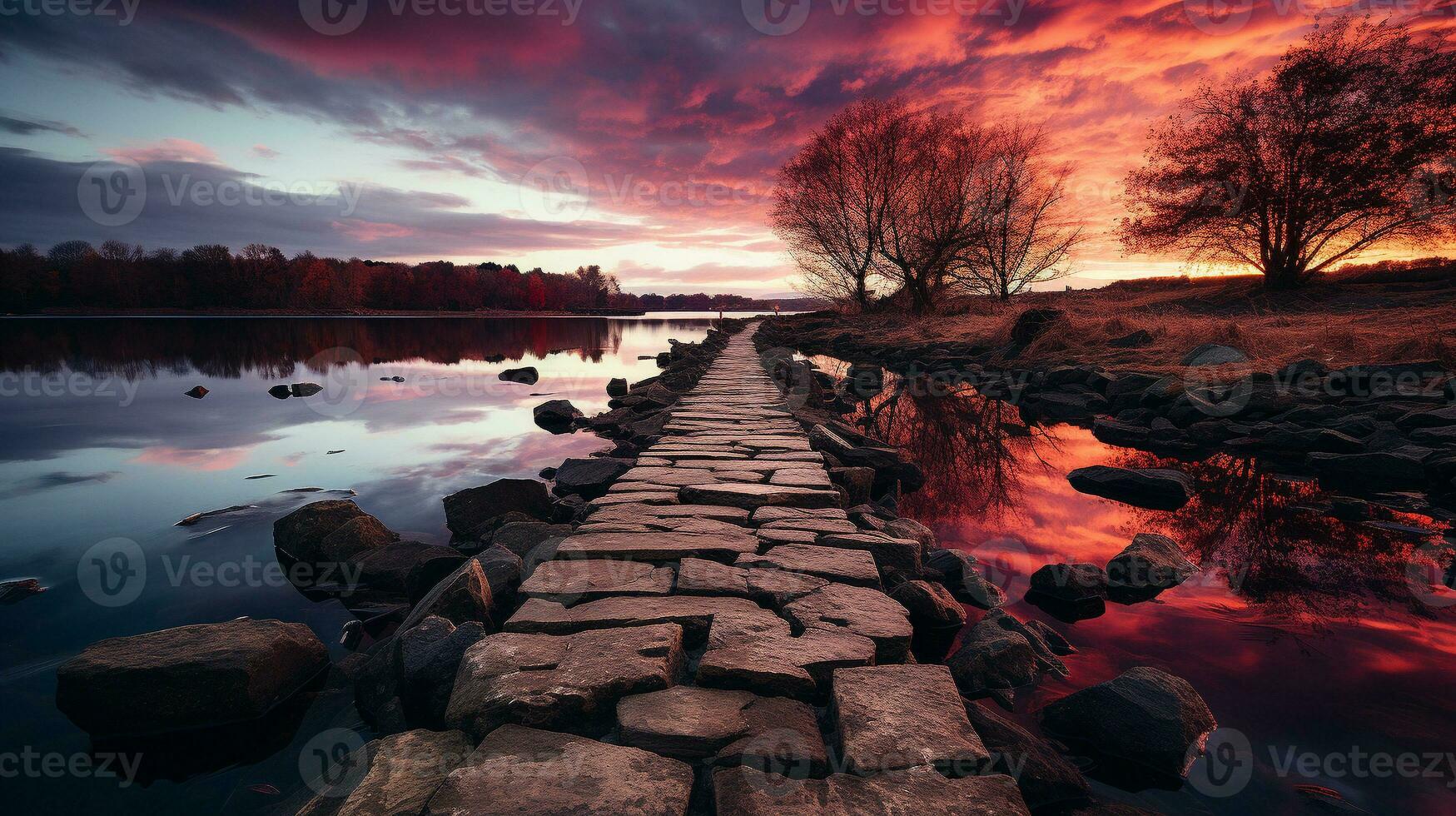 heiter Schönheit von ein Seebrücke beim Sonnenuntergang Reflexionen im das Wasser, ai generativ foto
