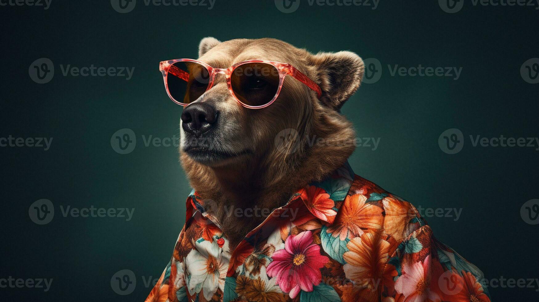 Bären halber Körper schießen mit hawaiisch Hemd und Sonnenbrille, ai generativ foto
