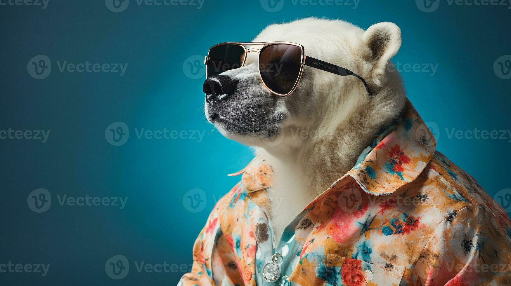 Polar- Bär im hawaiisch Hemd und Sonnenbrille Hälfte Körper, ai generativ foto