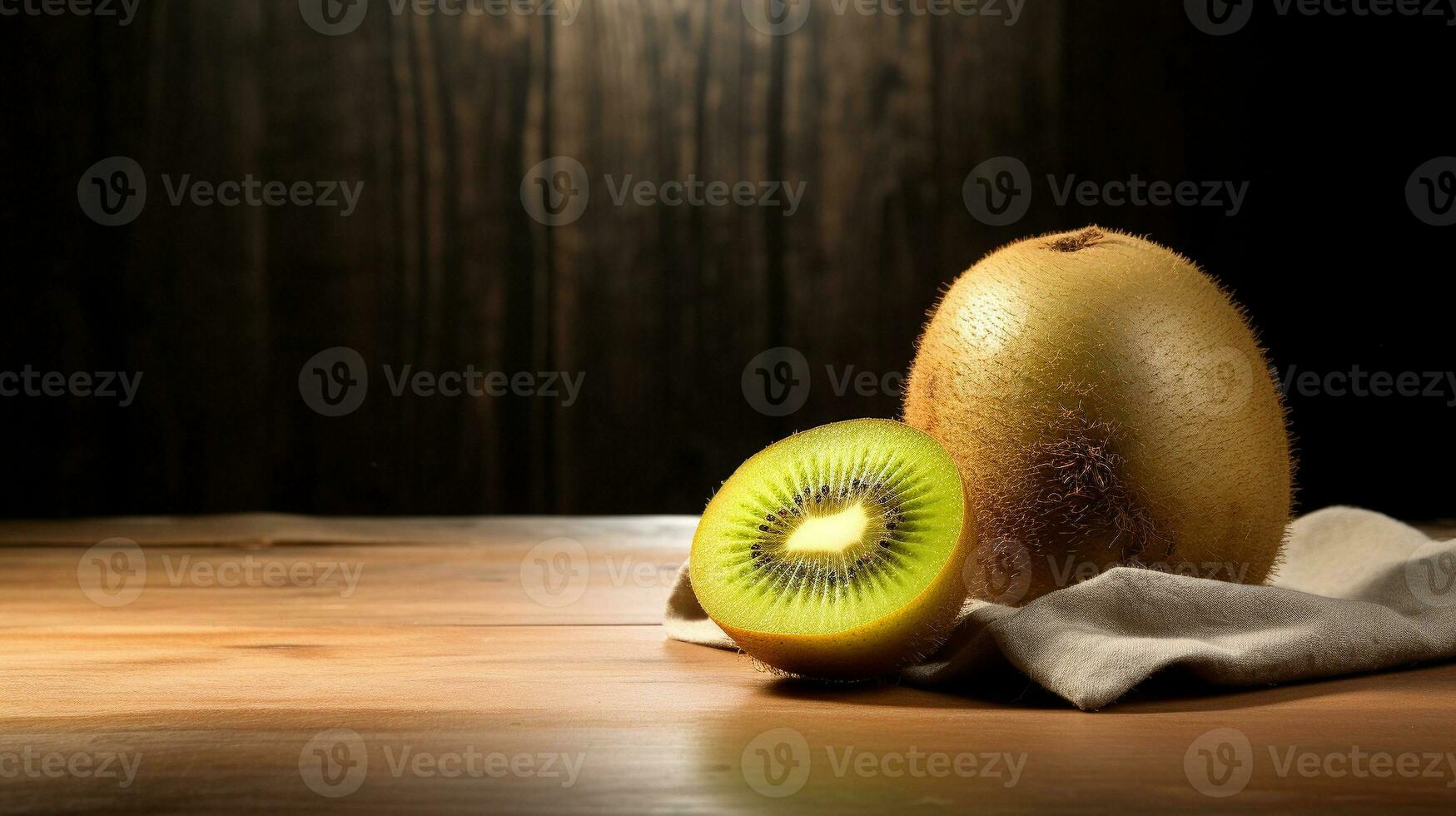 ai generativ, köstlich Kiwi auf hölzern Hintergrund mit Kopieren Raum foto