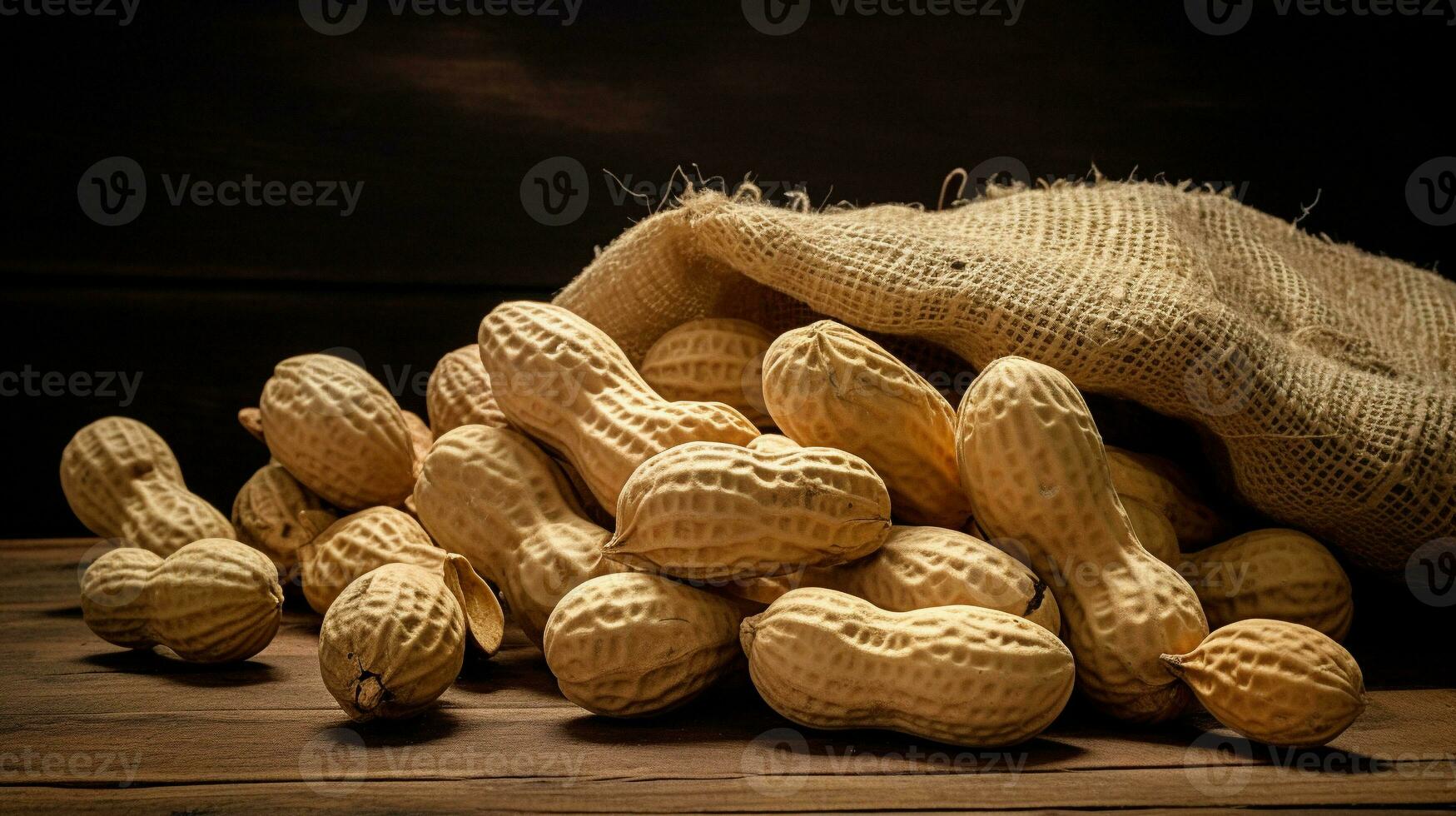 Erdnüsse auf Holz Hintergrund mit reichlich Kopieren Raum, ai generativ foto
