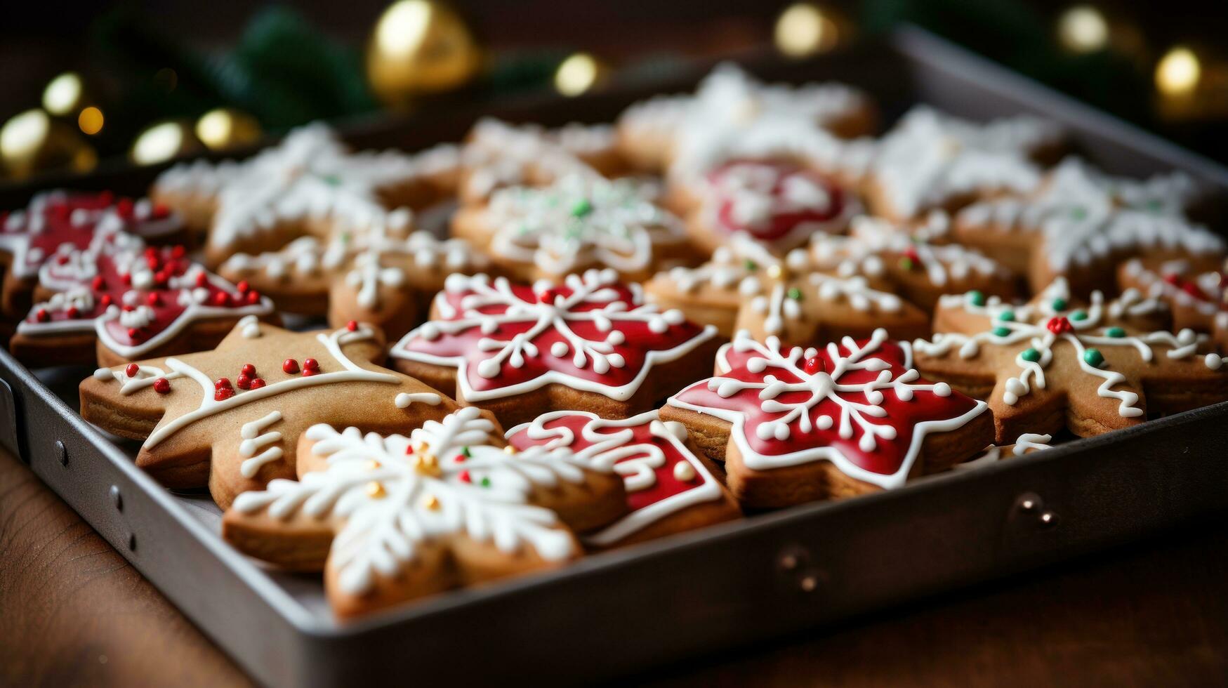 Nahansicht von ein Tablett von schön dekoriert Weihnachten Kekse foto