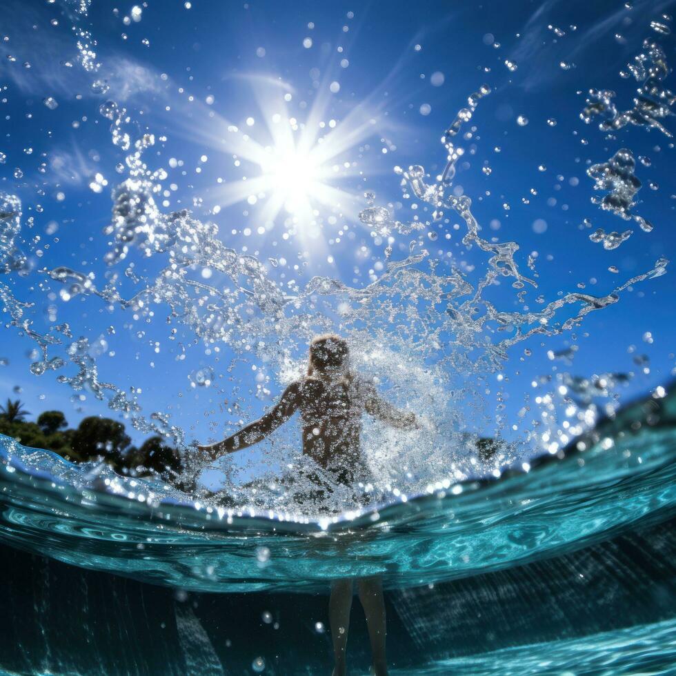 atemberaubend Foto von ein Schwimmer Tauchen in ein funkelnd Blau Ozean