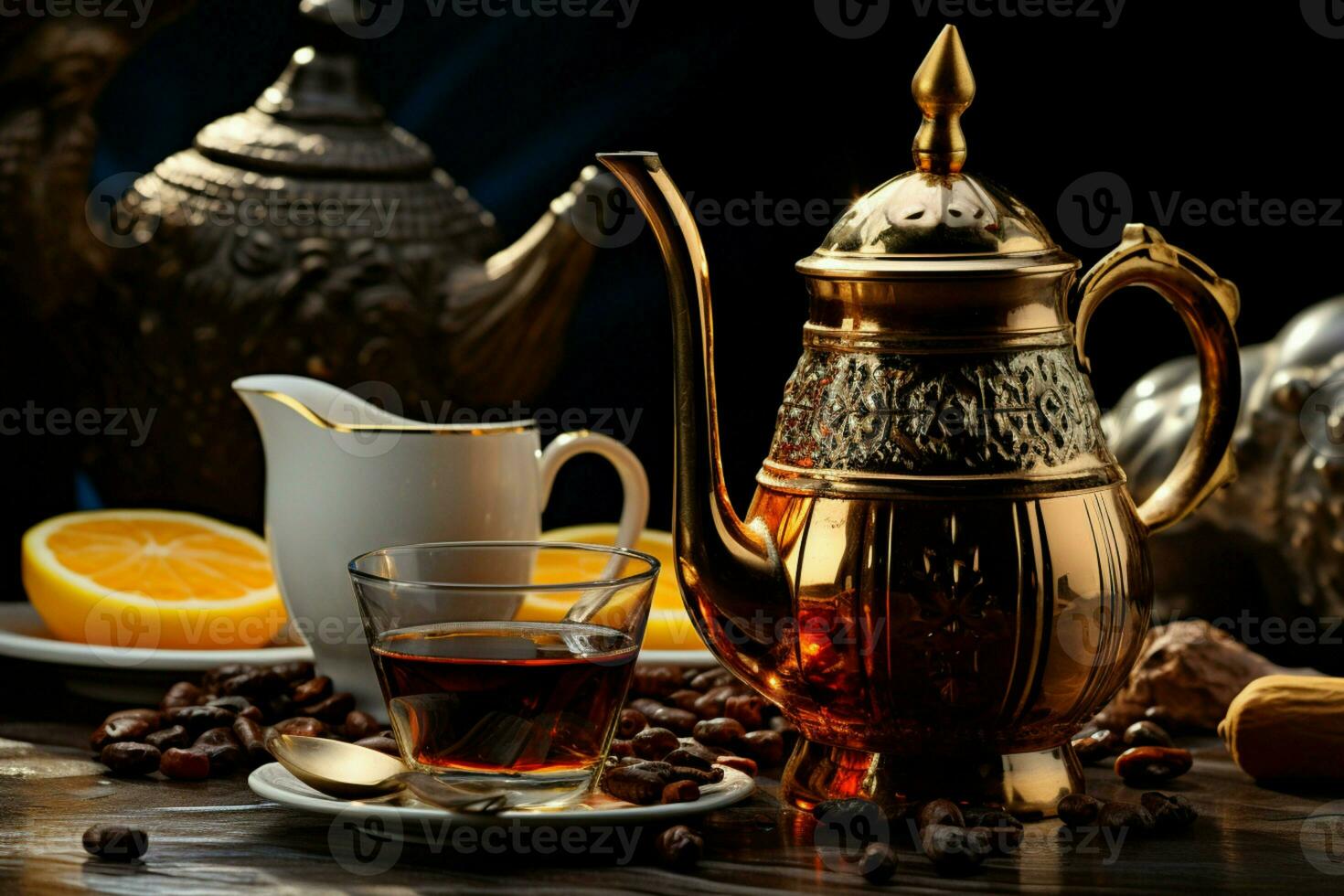 ein still Wüste Tableau mit ein arabisch Teekanne, Tasse, und Süss Termine ai generiert foto