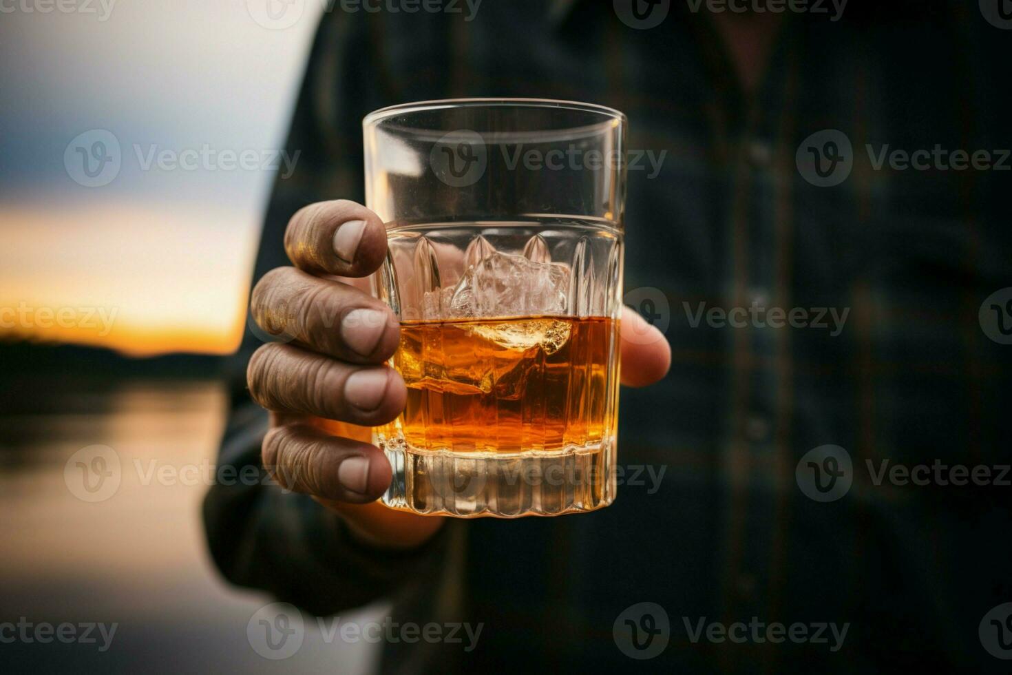 ein Whiskey Liebhaber Hand, gefangen im ein packend Nahansicht mit das Glas ai generiert foto