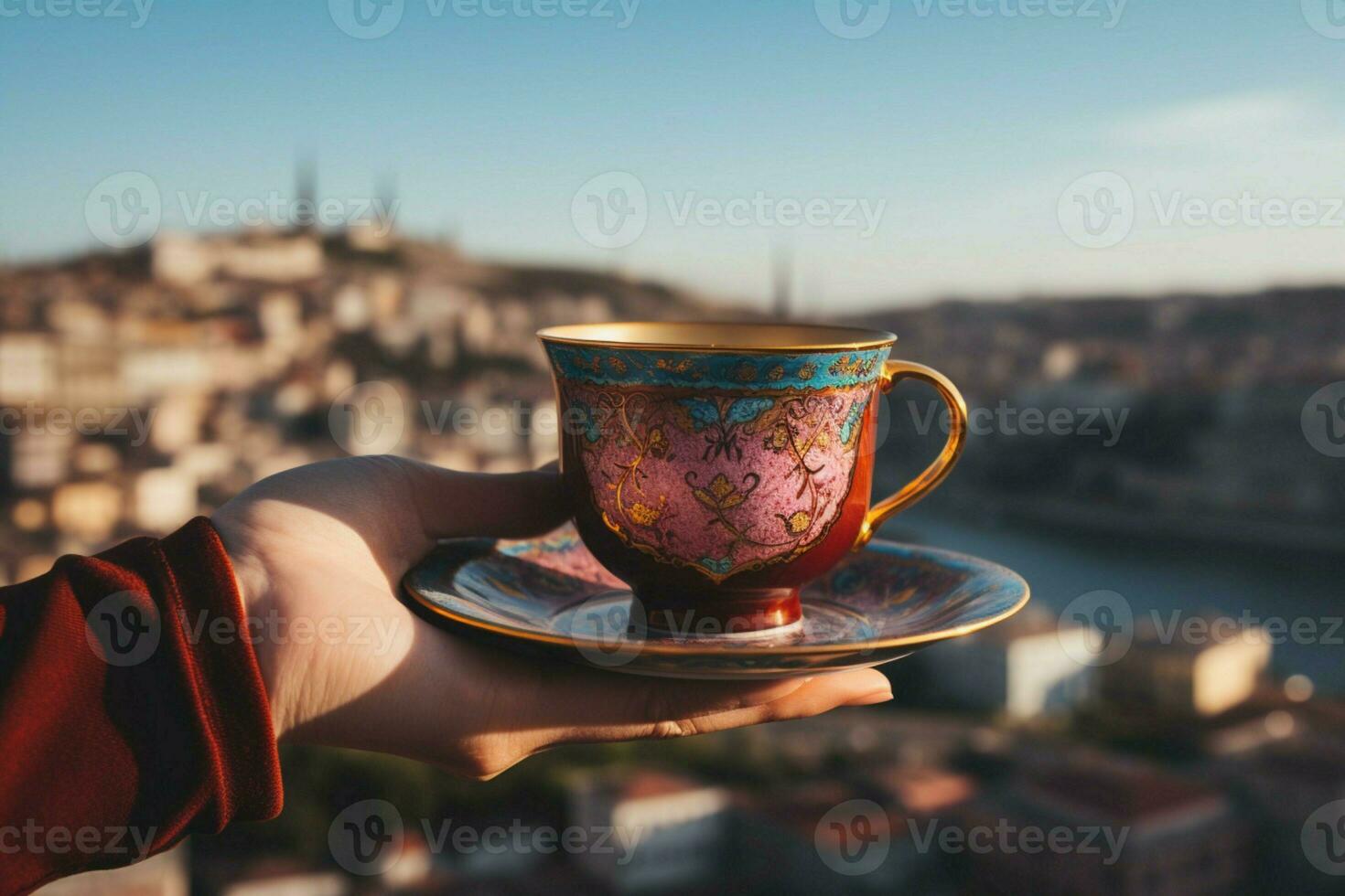 Hand Wiegen ein Tasse von traditionell Türkisch Tee, mit Blick auf das ikonisch Istanbul, Truthahn ai generiert foto