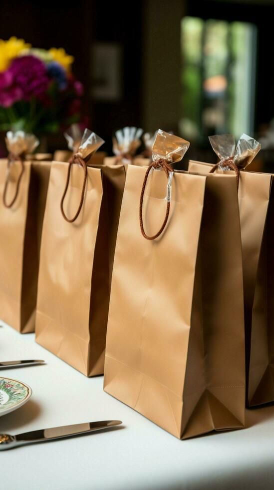 Tabelle Dekor ordentlich Anordnung von braun Papier Taschen verbessert das Tische ästhetisch. Vertikale Handy, Mobiltelefon Hintergrund ai generiert foto