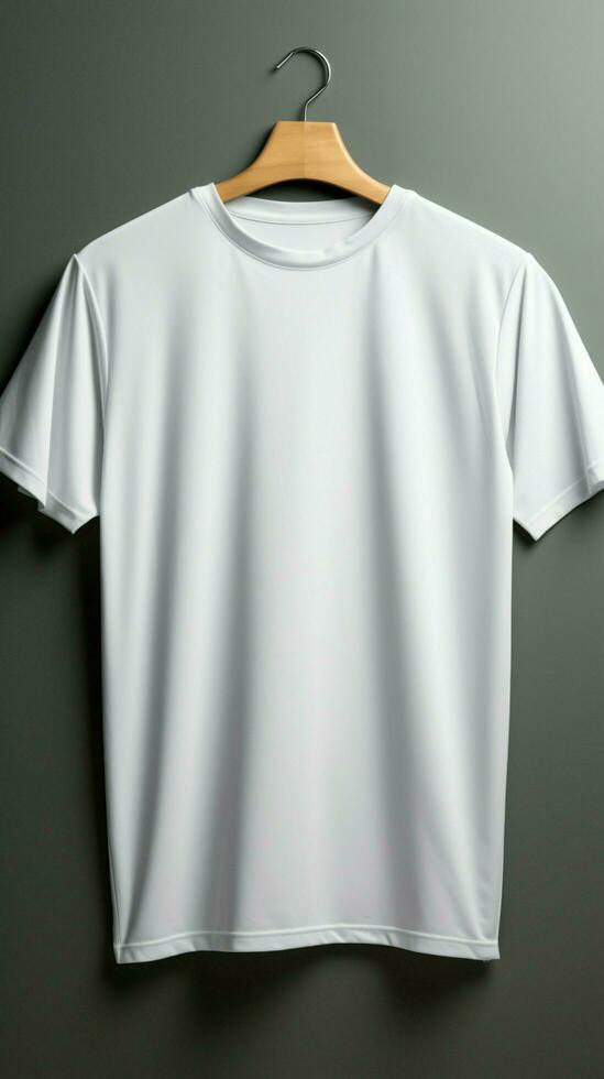 minimalistisch Eleganz grau Hintergrund akzentuiert Weiß t Hemden, bereit zum Anpassung Vertikale Handy, Mobiltelefon Hintergrund ai generiert foto