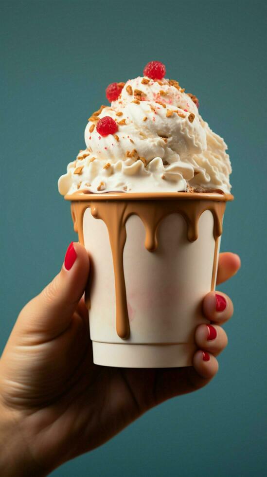 Overhead Genuss Hand Griffe ein Eis Sahne Tasse im ein hoch Winkel Schnappschuss Vertikale Handy, Mobiltelefon Hintergrund ai generiert foto