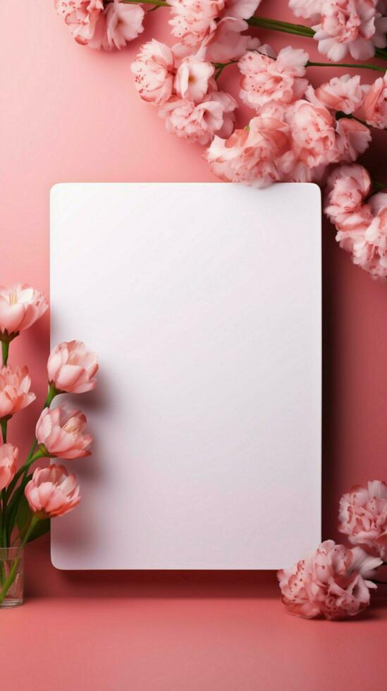 heiter Eleganz Weiß Karte gegen Pastell- Rosa, bereit zum persönlich Ausdrücke. Vertikale Handy, Mobiltelefon Hintergrund ai generiert foto