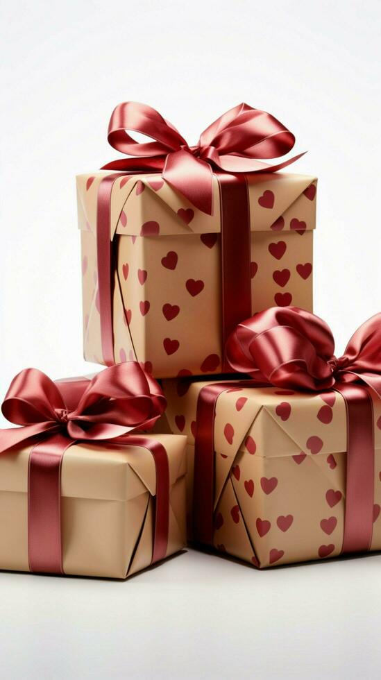 eigenständige Geschenke, Kisten auf Weiß. veranschaulichen Urlaub, Valentinstag Tag Feier. Vertikale Handy, Mobiltelefon Hintergrund ai generiert foto