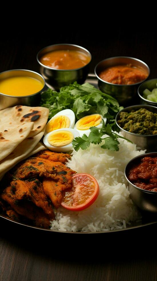 aromatisch Teller Hähnchen Thali mit gebraten Huhn, Ei Curry, Linsen, Biryani, Roti, und Zwiebeln Vertikale Handy, Mobiltelefon Hintergrund ai generiert foto