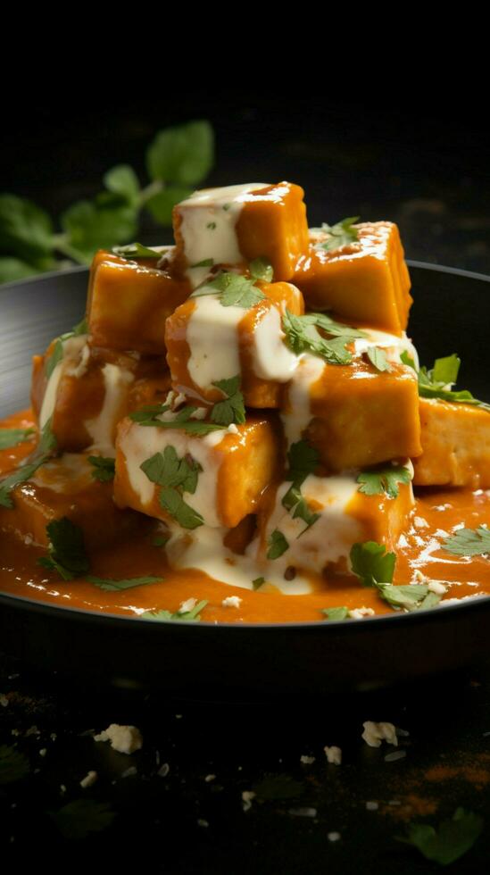 indisch Freude Vertikale Schuss von Paneer Butter Masala auf schwarz Oberfläche, verlockend und aromatisch Vertikale Handy, Mobiltelefon Hintergrund ai generiert foto