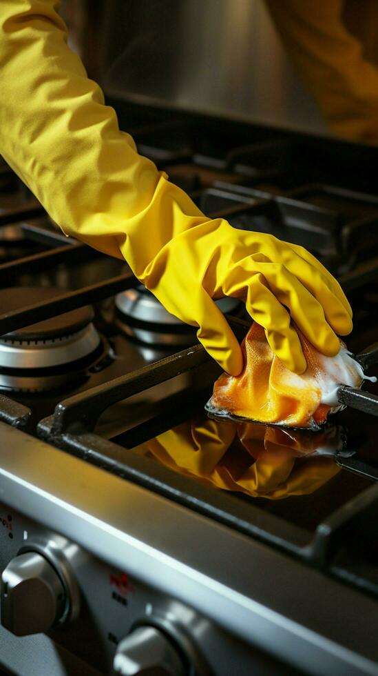 Nahansicht oben Aussicht Frauen behandschuhte Hand reinigt schmutzig Herd Post Kochen, Umarmen Hausarbeit Vertikale Handy, Mobiltelefon Hintergrund ai generiert foto