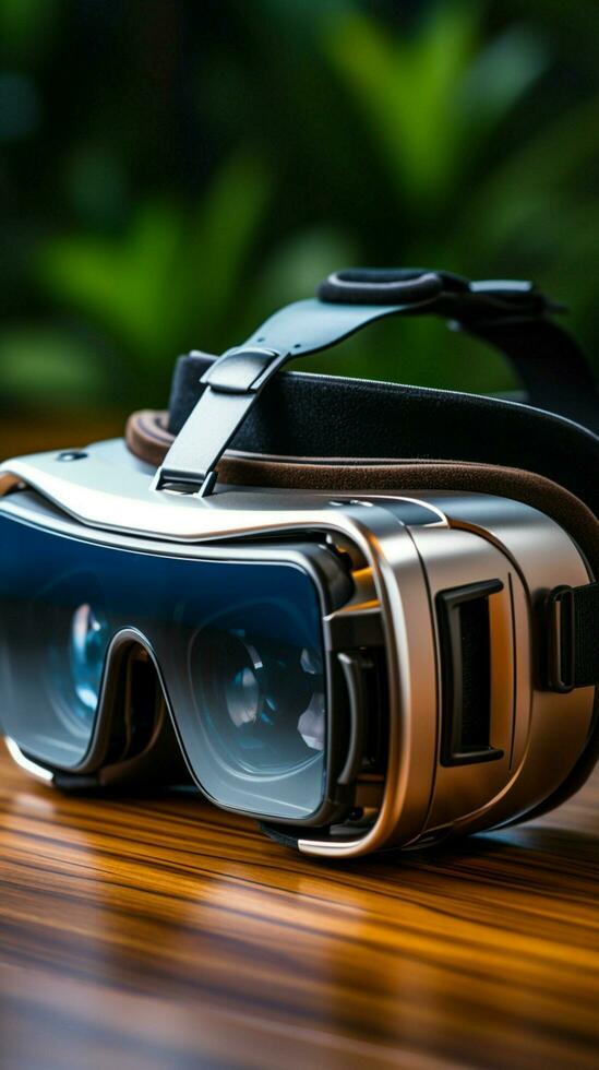 Digital Harmonie auf Holz vr Brille schmücken das Schreibtisch mit technologisch Eleganz Vertikale Handy, Mobiltelefon Hintergrund ai generiert foto