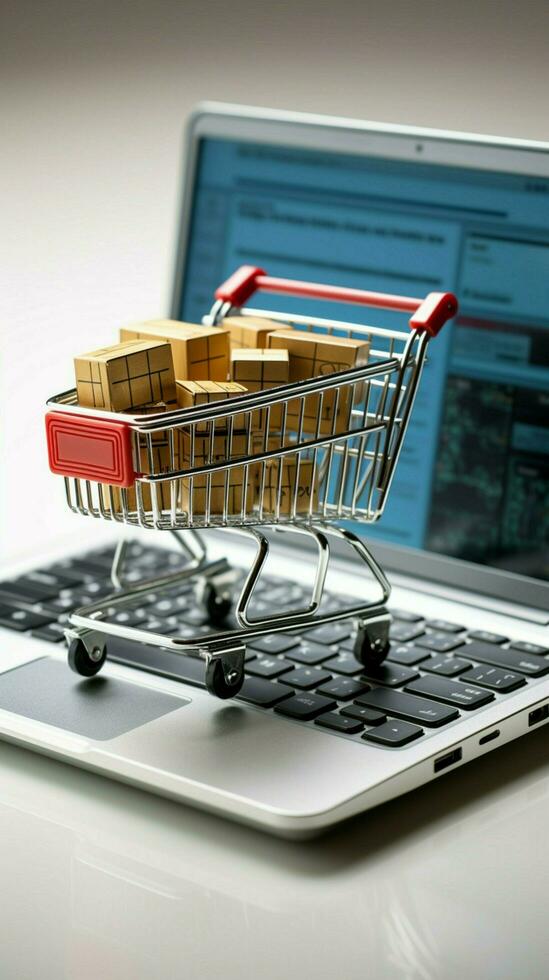 e Handel Vision Laptop, Einkaufen Korb, Tastatur symbolisieren online Einkaufen auf Weiß Hintergrund Vertikale Handy, Mobiltelefon Hintergrund ai generiert foto