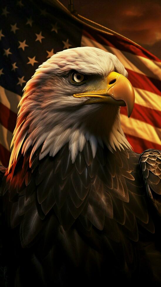 amerikanisch Adler und Flagge gegen Sonnenuntergang Hintergrund ein patriotisch Tableau von vereinigt Zustände Vertikale Handy, Mobiltelefon Hintergrund ai generiert foto